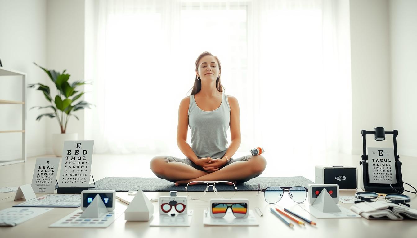 A bright, well-lit room with a clean, minimalist aesthetic. In the center of the frame, a person sitting cross-legged on a yoga mat, their eyes gently closed as they perform various eye exercises. The foreground features a variety of visual aids, such as eye charts, prisms, and light therapy devices, arranged in a neat, organized manner. The background has a soft, blurred effect, with a large window letting in natural light, creating a serene and calming atmosphere. The overall mood is one of focus, relaxation, and the pursuit of better vision through dedicated eye exercises. A bright, well-lit room with a clean, minimalist aesthetic. In the center of the frame, a person sitting cross-legged on a yoga mat, their eyes gently closed as they perform various eye exercises. The foreground features a variety of visual aids, such as eye charts, prisms, and light therapy devices, arranged in a neat, organized manner. The background has a soft, blurred effect, with a large window letting in natural light, creating a serene and calming atmosphere. The overall mood is one of focus, relaxation, and the pursuit of better vision through dedicated eye exercises.
