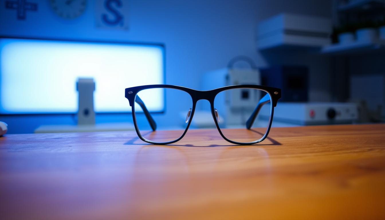 A clinical research laboratory setting with a prominent wooden desk, on which a pair of blue light blocking glasses rests. The glasses are illuminated by a soft, diffused blue light emanating from a computer screen in the background. The lighting creates a contemplative, scientific atmosphere, with subtle shadows adding depth and dimension. The overall composition conveys a sense of careful study and investigation into the effectiveness of these specialized eyewear. A clinical research laboratory setting with a prominent wooden desk, on which a pair of blue light blocking glasses rests. The glasses are illuminated by a soft, diffused blue light emanating from a computer screen in the background. The lighting creates a contemplative, scientific atmosphere, with subtle shadows adding depth and dimension. The overall composition conveys a sense of careful study and investigation into the effectiveness of these specialized eyewear.