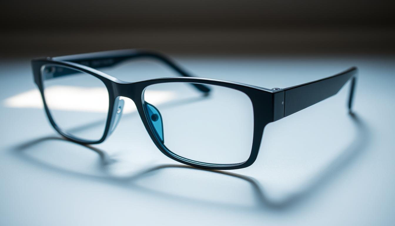 A close-up view of a pair of modern blue light blocking glasses, their sleek frame accentuating their technological purpose. The lenses have a slight tint, reflecting the blue-violet wavelengths of light that can contribute to digital eye strain. The glasses are positioned on a clean, minimalist surface, allowing the viewer to focus on their form and function. Soft, diffused lighting illuminates the scene, creating a sense of tranquility and emphasizing the glasses' ability to provide visual relief from extended computer use. A close-up view of a pair of modern blue light blocking glasses, their sleek frame accentuating their technological purpose. The lenses have a slight tint, reflecting the blue-violet wavelengths of light that can contribute to digital eye strain. The glasses are positioned on a clean, minimalist surface, allowing the viewer to focus on their form and function. Soft, diffused lighting illuminates the scene, creating a sense of tranquility and emphasizing the glasses' ability to provide visual relief from extended computer use.