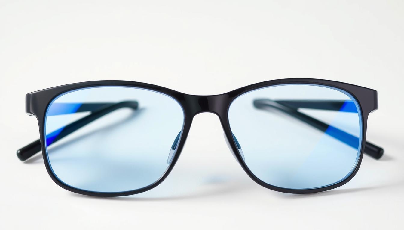 A close-up view of a pair of stylish blue light blocking glasses on a white background, showcasing their sleek, modern design. The lenses have a slight blue tint, indicating their ability to filter out harmful blue light. The frame is made of high-quality, durable materials, with clean lines and a comfortable, adjustable fit. The lighting is soft and evenly distributed, highlighting the clarity and attention to detail in the glasses' construction. The image conveys a sense of professionalism and reliability, suggesting the effectiveness of these blue light glasses in protecting the eyes from digital eye strain and improving overall visual comfort. A close-up view of a pair of stylish blue light blocking glasses on a white background, showcasing their sleek, modern design. The lenses have a slight blue tint, indicating their ability to filter out harmful blue light. The frame is made of high-quality, durable materials, with clean lines and a comfortable, adjustable fit. The lighting is soft and evenly distributed, highlighting the clarity and attention to detail in the glasses' construction. The image conveys a sense of professionalism and reliability, suggesting the effectiveness of these blue light glasses in protecting the eyes from digital eye strain and improving overall visual comfort.