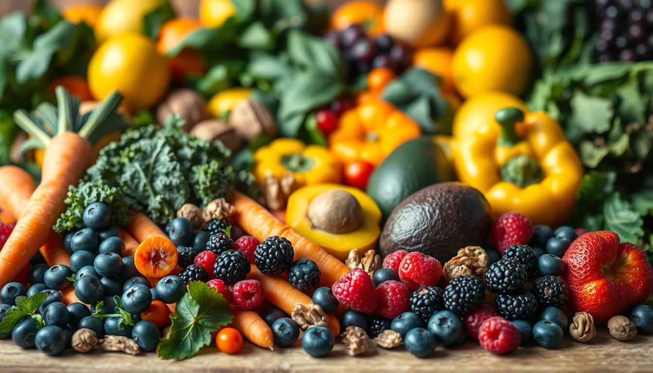 A lush, inviting still life arrangement showcasing an array of the most nutritious and eye-friendly foods. In the foreground, a variety of vibrant, juicy berries - blueberries, blackberries, and raspberries - nestle alongside crunchy raw carrots and leafy kale. In the middle ground, rich avocados, creamy walnuts, and crisp bell peppers create a harmonious color palette. The background features a scattering of antioxidant-packed citrus fruits, including oranges and lemons, as well as a selection of hearty leafy greens like spinach and swiss chard. Warm, diffused lighting casts a soft glow over the scene, highlighting the natural textures and vibrant hues of these superfoods that support eye health and protect vision. Photographed with a shallow depth of field to draw the viewer's attention to the main ingredients. A lush, inviting still life arrangement showcasing an array of the most nutritious and eye-friendly foods. In the foreground, a variety of vibrant, juicy berries - blueberries, blackberries, and raspberries - nestle alongside crunchy raw carrots and leafy kale. In the middle ground, rich avocados, creamy walnuts, and crisp bell peppers create a harmonious color palette. The background features a scattering of antioxidant-packed citrus fruits, including oranges and lemons, as well as a selection of hearty leafy greens like spinach and swiss chard. Warm, diffused lighting casts a soft glow over the scene, highlighting the natural textures and vibrant hues of these superfoods that support eye health and protect vision. Photographed with a shallow depth of field to draw the viewer's attention to the main ingredients.