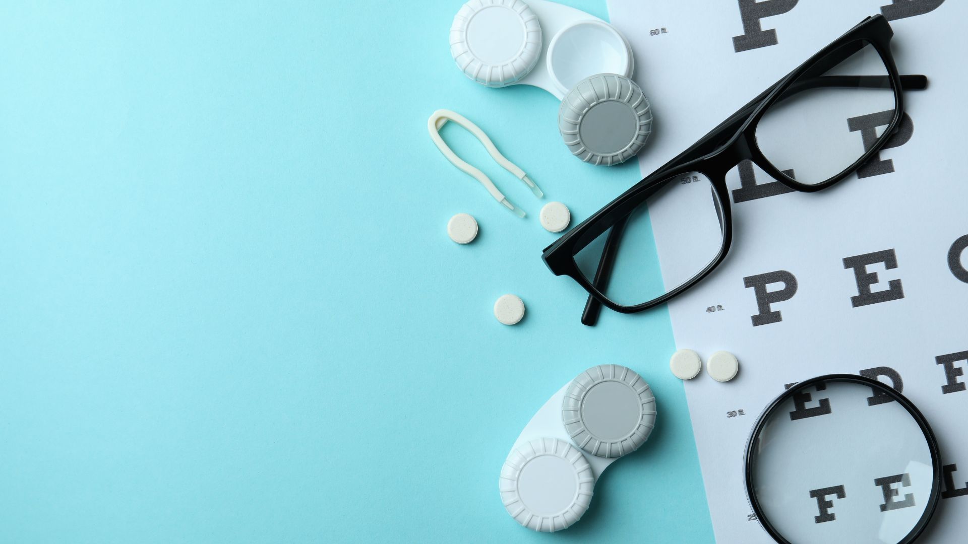 A high-quality, well-lit studio shot showcasing a pair of eyeglasses alongside a set of contact lenses. The eyeglasses should be displayed prominently in the foreground, with the contacts positioned slightly behind and to the side, creating a clear visual comparison. Ensure the lighting is even and flattering, accentuating the textures and materials of both the frames and lenses. The background should be a clean, neutral color, allowing the products to be the main focus. Capture the products from a slightly elevated angle, giving the viewer a comprehensive view of their features and highlighting the distinct differences between the two vision correction options. Eyeglasses vs. Contact Lenses 01