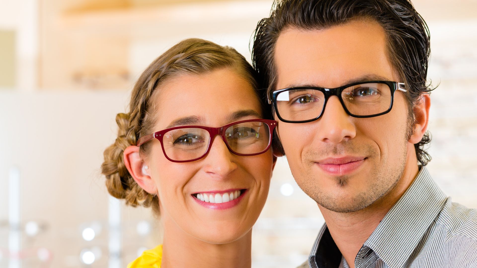 A well-lit, minimalist scene depicting three distinct personas wearing various eyewear options against a plain, light-colored background. In the foreground, a young, active individual models sleek, wraparound sport sunglasses. In the middle, a professional in business attire wears classic, rectangular prescription glasses. In the background, a leisurely individual relaxes in round, retro-style sunglasses. The lighting is soft and diffused, highlighting the unique features and styles of each pair of eyewear to showcase their suitability for different lifestyles and activities. Eyeglasses vs. Contact Lenses 04