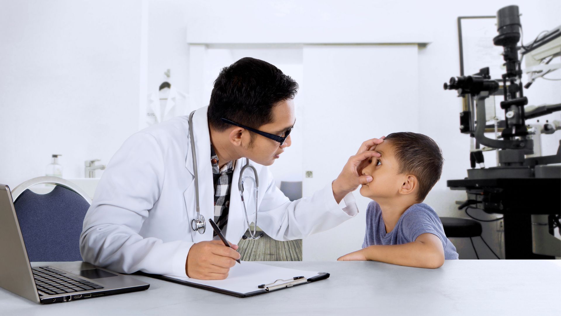 Serene, dimly lit ophthalmologist's office with elegant wood accents and soft lighting. In the foreground, a professional eye care specialist examines a patient's eyes using modern diagnostic equipment, their hands steady and their gaze focused. In the middle ground, shelves display a variety of natural remedies and supplements for holistic vision support. The background features a soothing landscape mural, conveying a sense of tranquility and balance. The overall atmosphere is one of expertise, care, and a holistic approach to eye health. Natural Vision Improvement 05